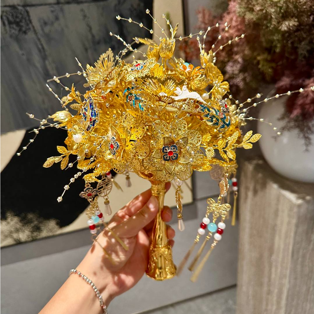 蓝金色手捧花送新娘diy结婚闺蜜结婚手工成品材料包高级礼物秀禾