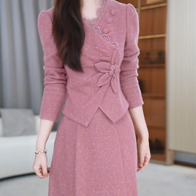 B275【上衣+半身裙】2025秋冬新款高端精致优雅显瘦搭围巾套装裙