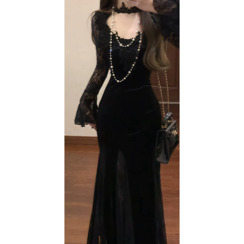 哥特风黑色蕾丝花边拼接连衣裙生日宴会成人礼服修身鱼尾长裙9046