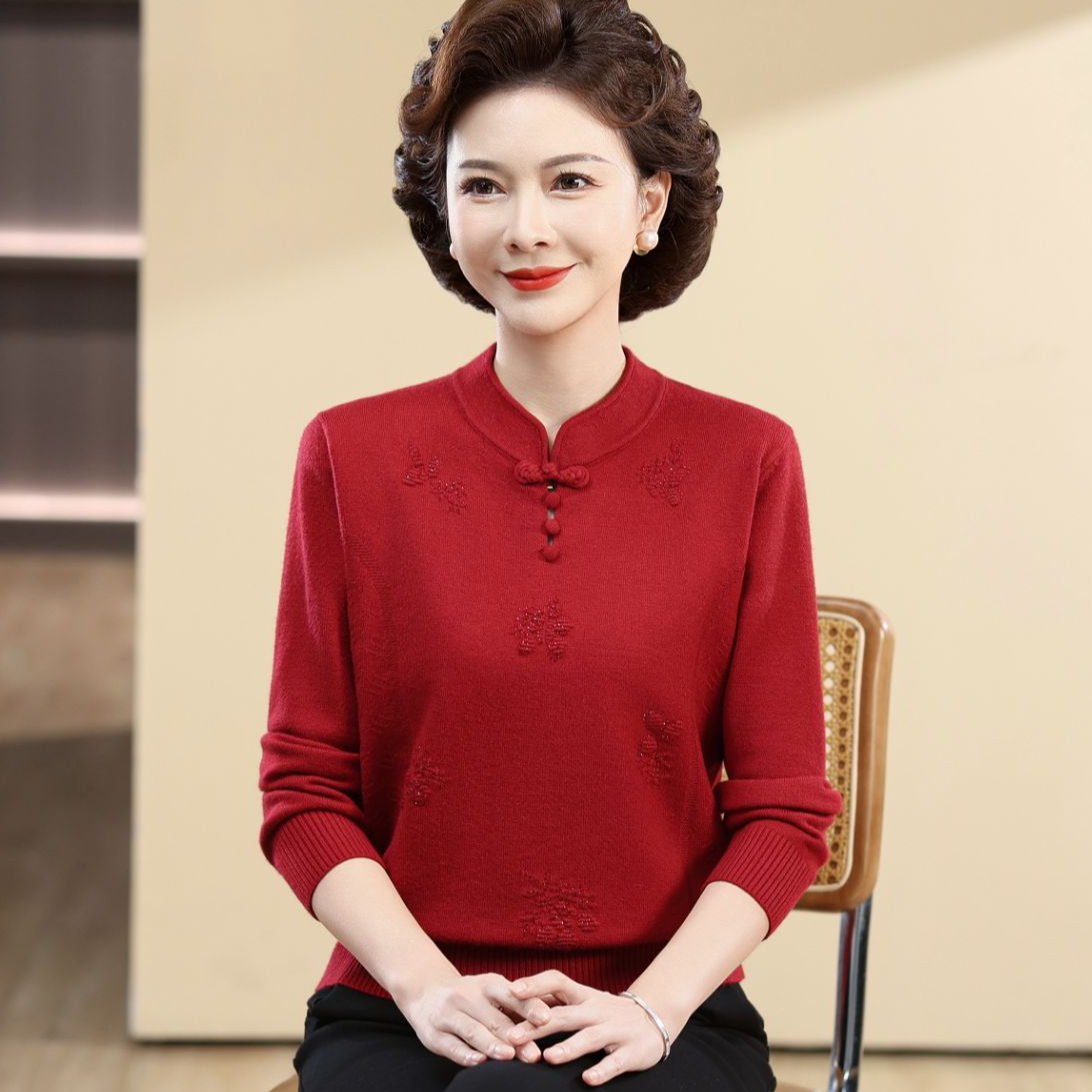 高档妈妈装秋冬针织衫洋气50-60岁70中老年女母亲气质打底衫高贵
