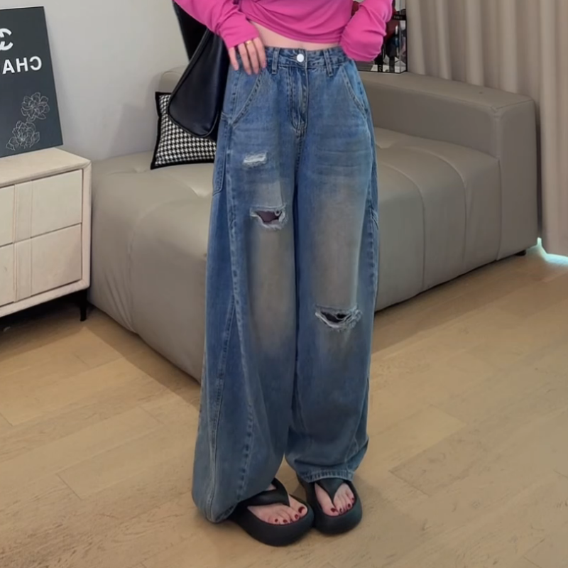 夏季新品时尚韩系百搭显瘦高腰水洗破洞牛仔弯刀裤LK2504976