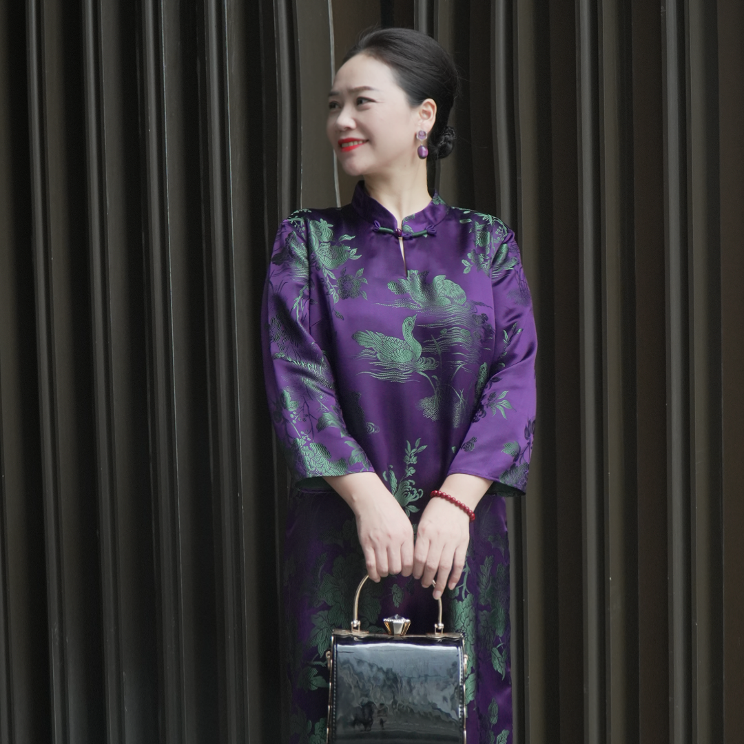 美爱《鸳鸯戏水》真丝香云纱秋冬新款国风立领新中式连衣裙Q625