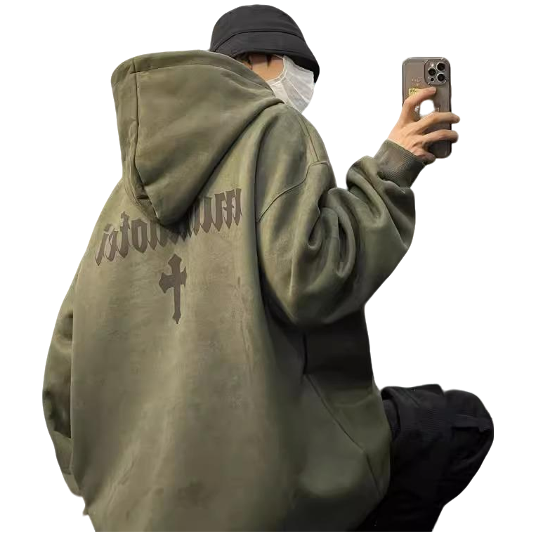 特大码300斤美式复古仿麂皮绒卫衣男秋冬新款加绒重磅宽松连帽衫