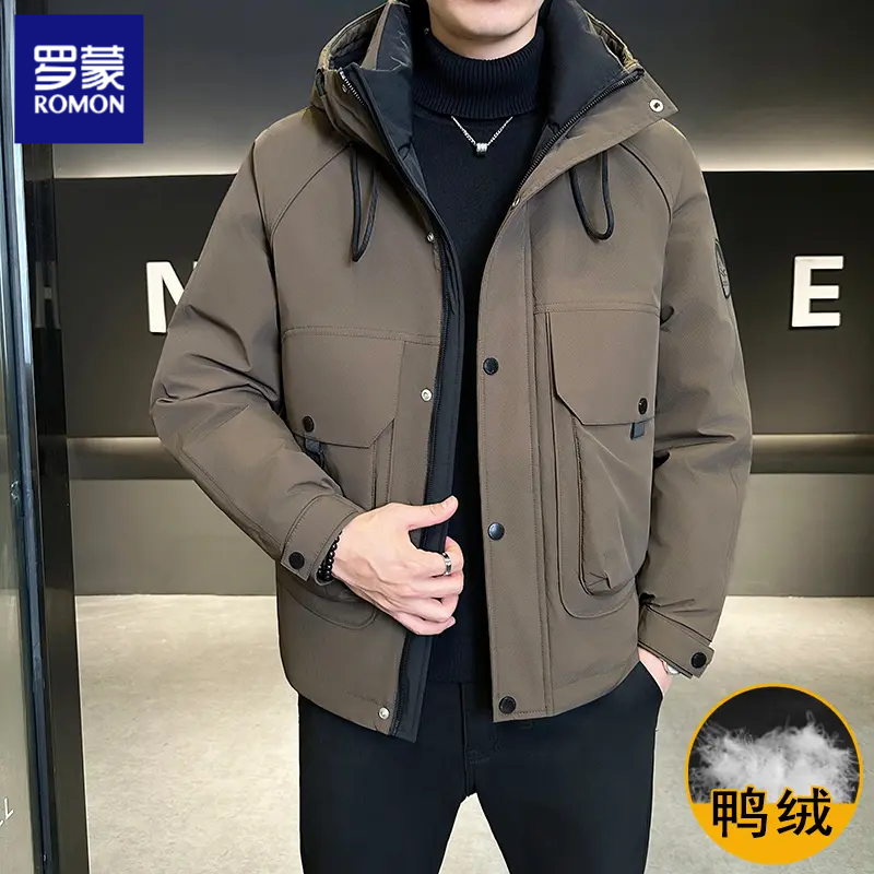 罗蒙男士冬季帅气百搭加厚款连帽户外潮流防寒羽绒服2025保暖上衣