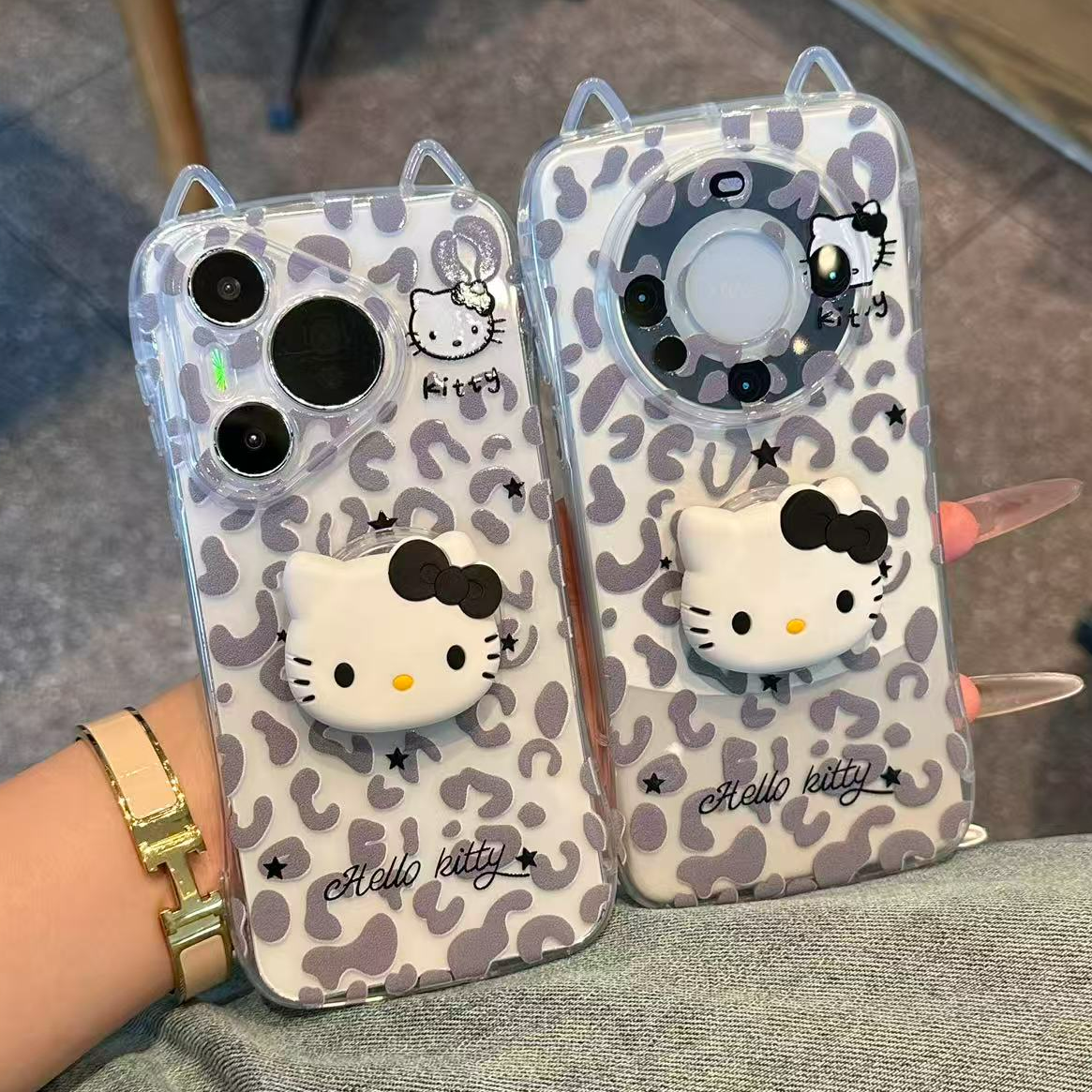 GGBond灰色豹纹kitty支架适用苹果16猫耳手机壳小米17vivoppo华为