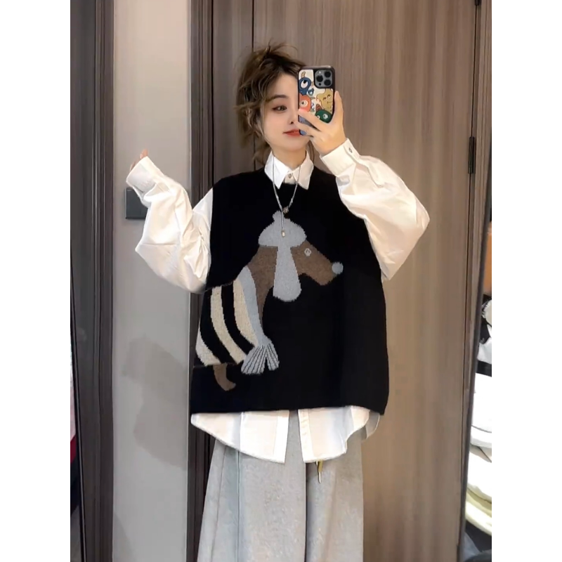 2025秋冬新款韩系时尚穿搭卡通狗图案圆领针织马甲休闲宽松百搭女