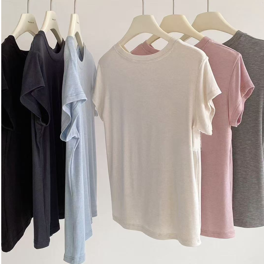 天丝t恤轻薄亲肤天丝醋酸绵羊毛T恤女夏季修身圆领短袖