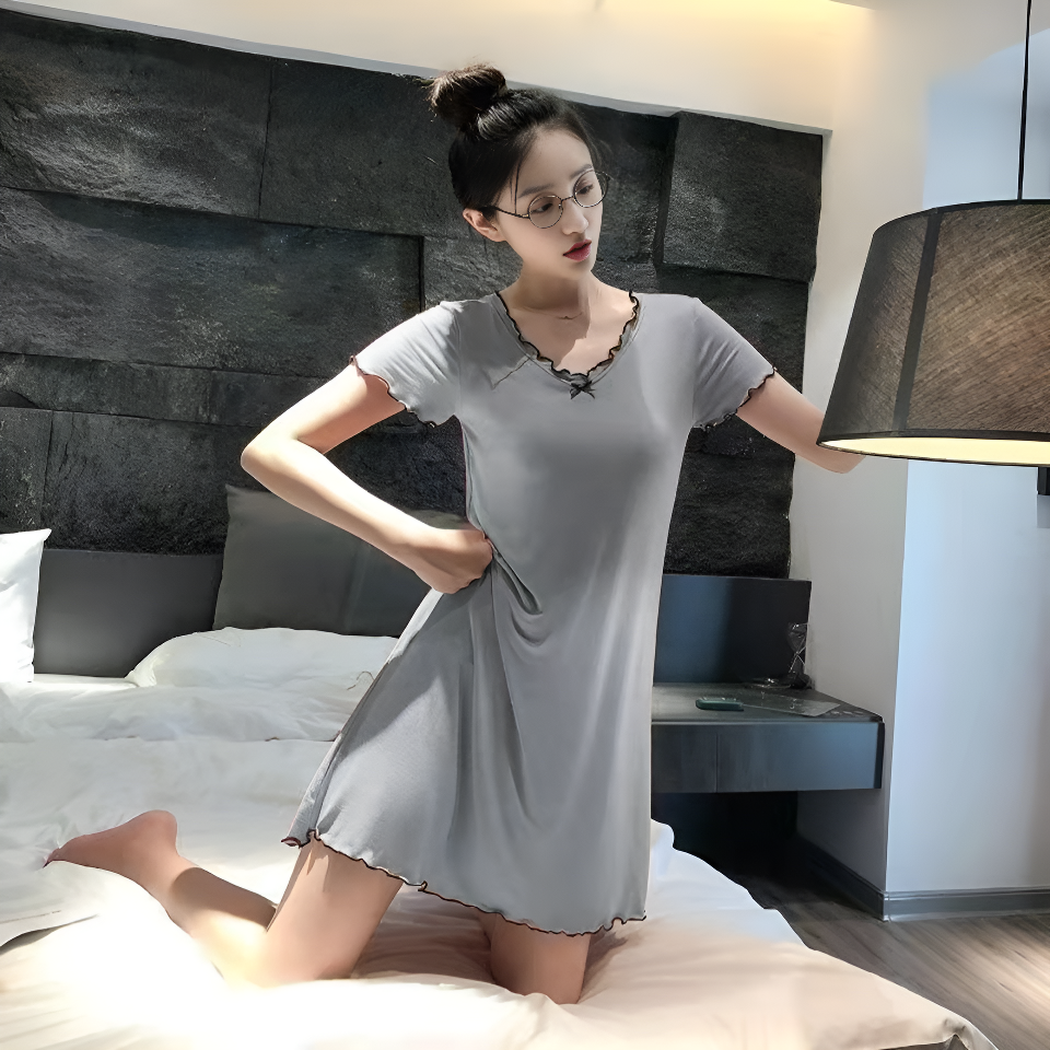 莫代尔带胸垫V领睡裙短袖显瘦有弹性夏季纯色夏天中裙时尚可外穿