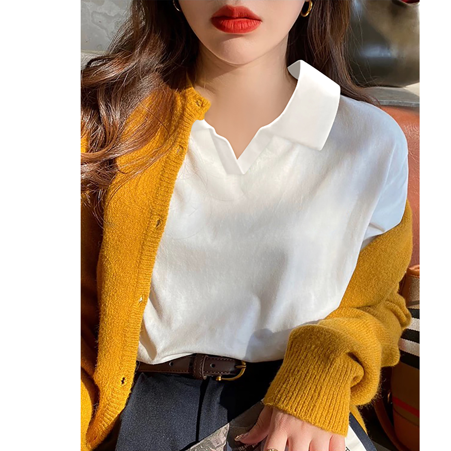 纯棉白色POLO领长袖t恤女2025新款秋冬宽松洋气显瘦打底衫上衣潮