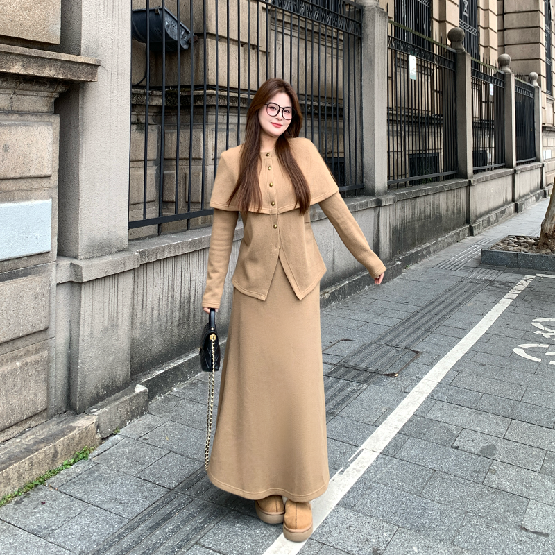 盈盈&南岛风大码女装斗篷小衫上衣冬胖mm气质半裙长裤套装ZYY2694