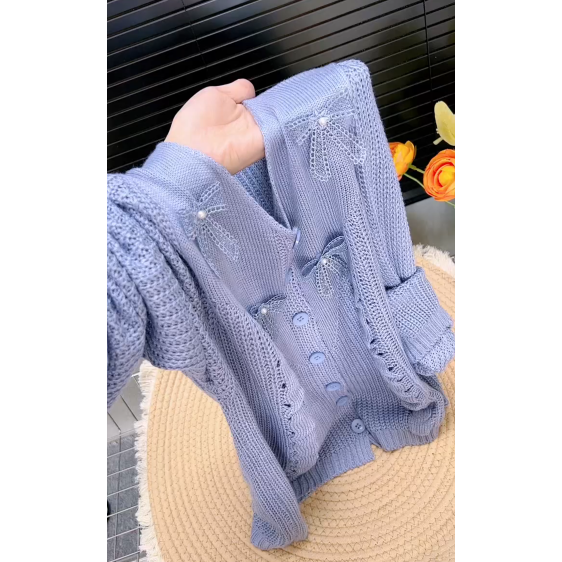 法式单排扣蝴蝶v领长袖紫罗兰上衣女2025早秋简约慵懒风针织开衫