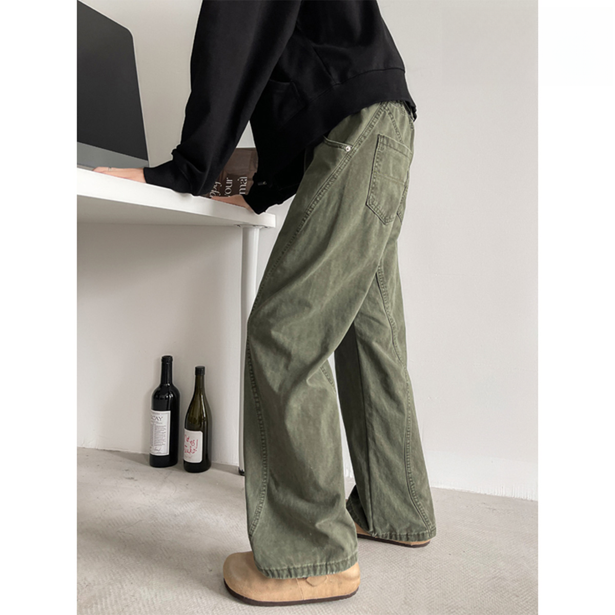 美式拼接微喇牛仔裤男春季高街大码水洗休闲长裤cleanfit工装裤子