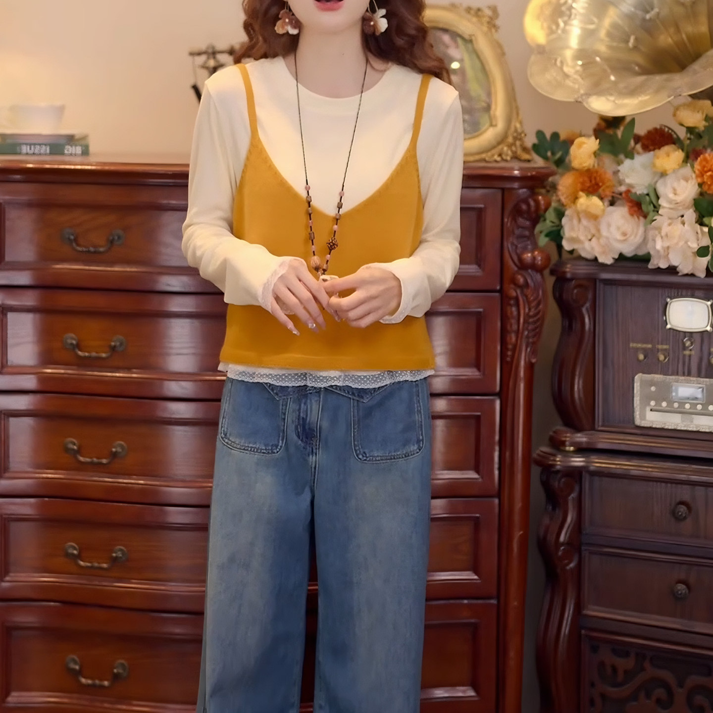 【水溶C】2025秋季新款复古港风毛织背心+T恤两件套上衣LK2506016