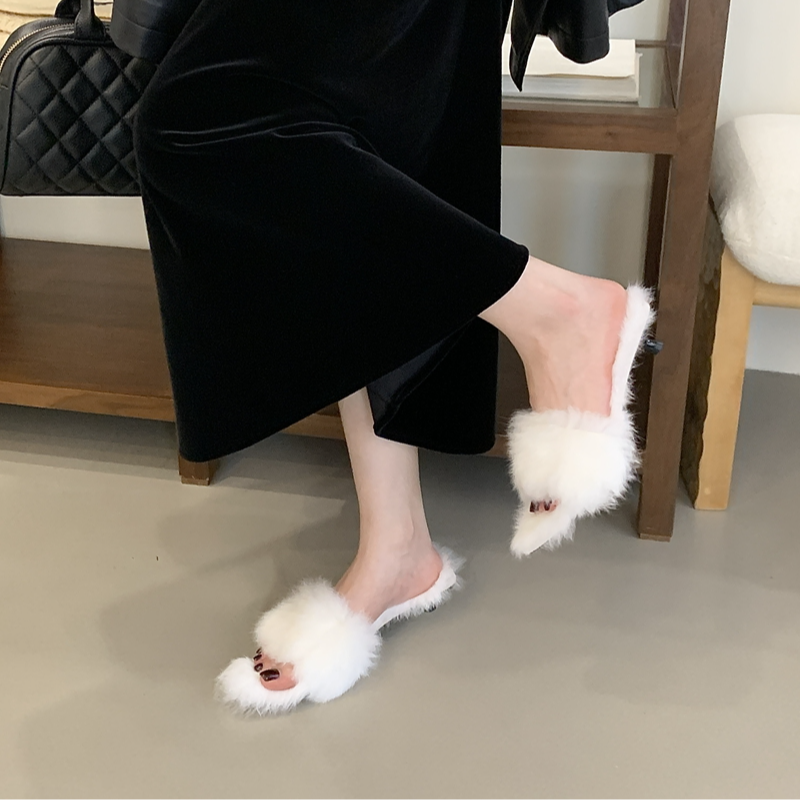 AL-D66-10拖鞋女外穿2025新款秋冬季尖头百搭加绒毛毛一字凉拖鞋