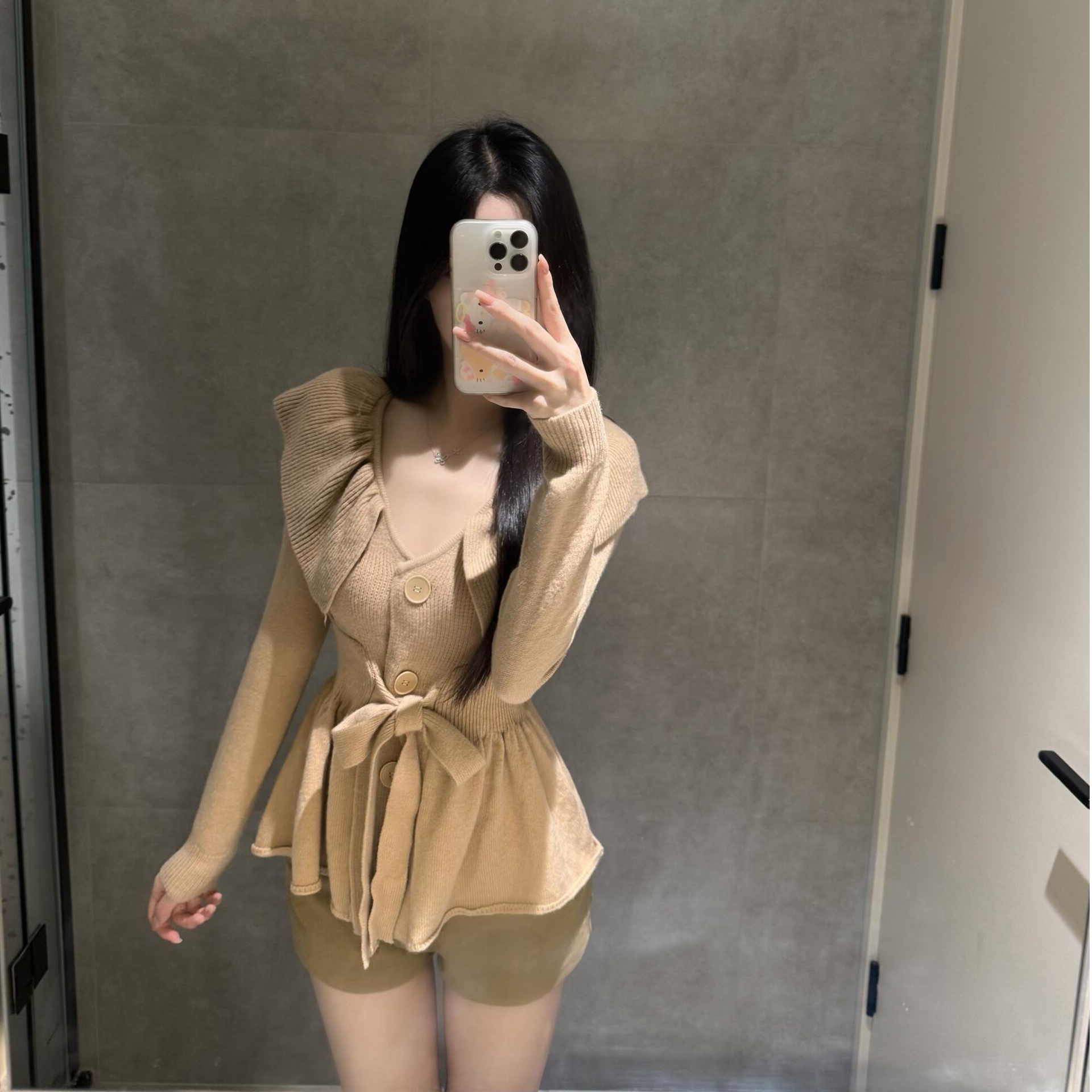 法式气质V领荷叶边针织开衫外套女设计感小众千金风系带收腰上衣