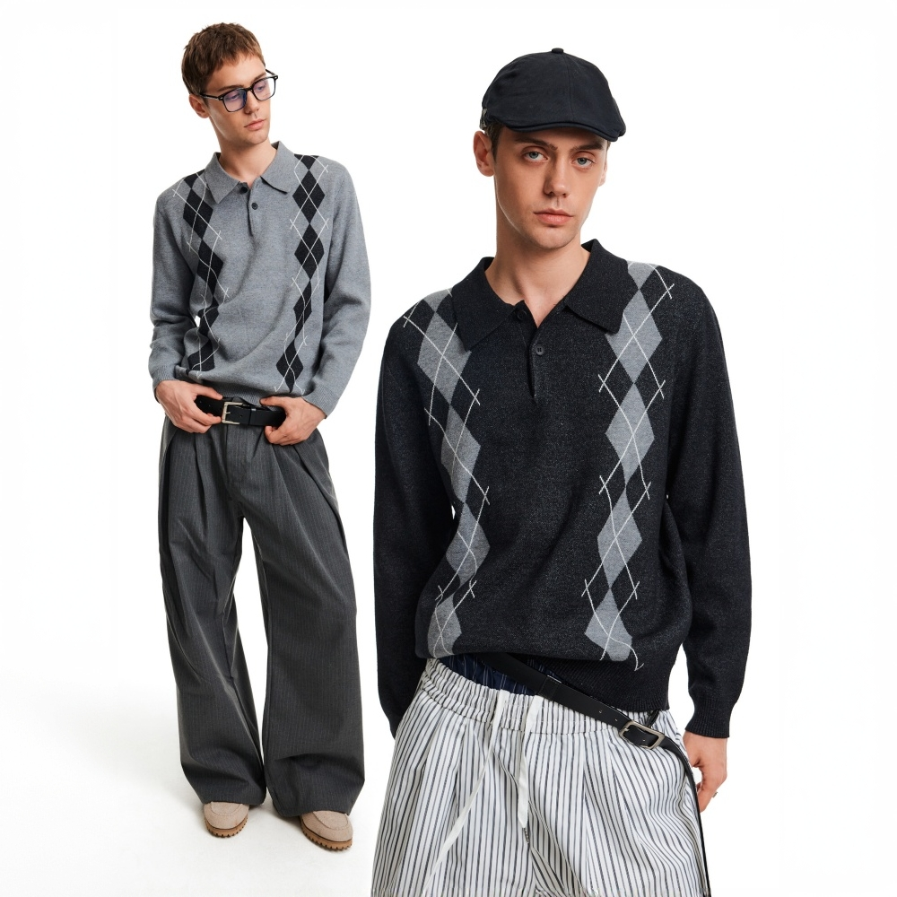 秋冬复古撞色菱格针织衫毛衣男女通勤休闲polo领套头上衣秋季保暖