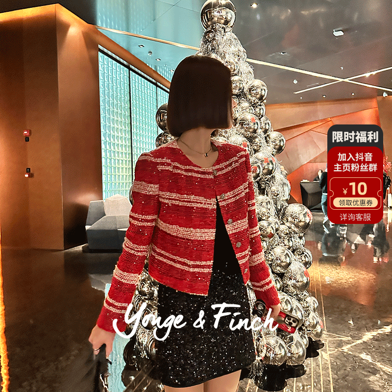 Yonge&Finch/扬芬缇25SS红色闪钻名媛气质绵羊毛小香风外套MANORY