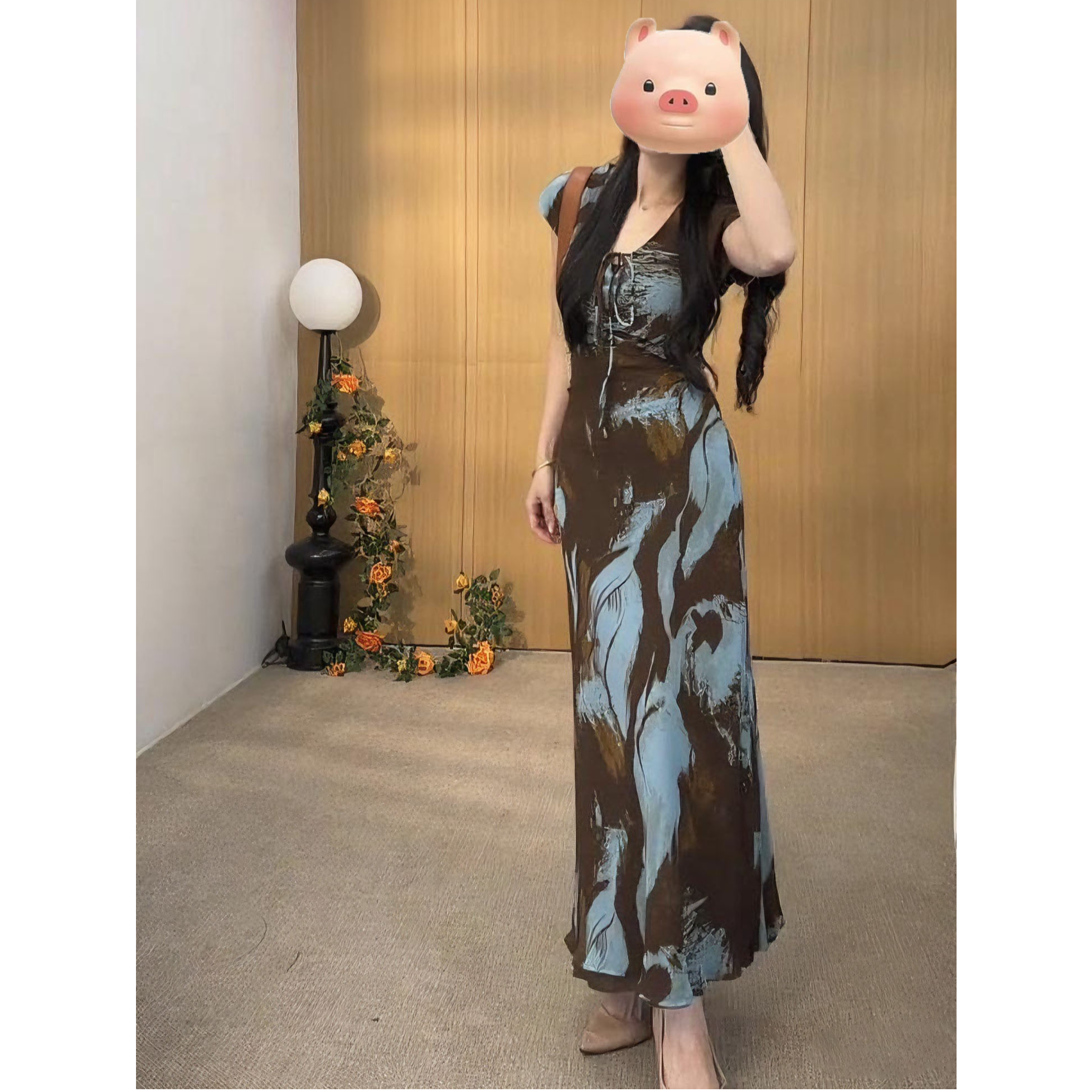 复古优雅收腰绑带短袖连衣裙女夏季新款洋气修身包臀长裙3204#