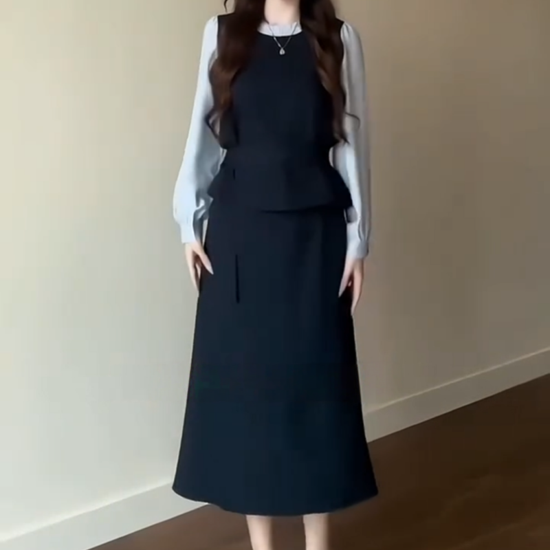 大码女装胖mm韩系拼接假两件上衣时尚半身裙两件套初秋显瘦款套装