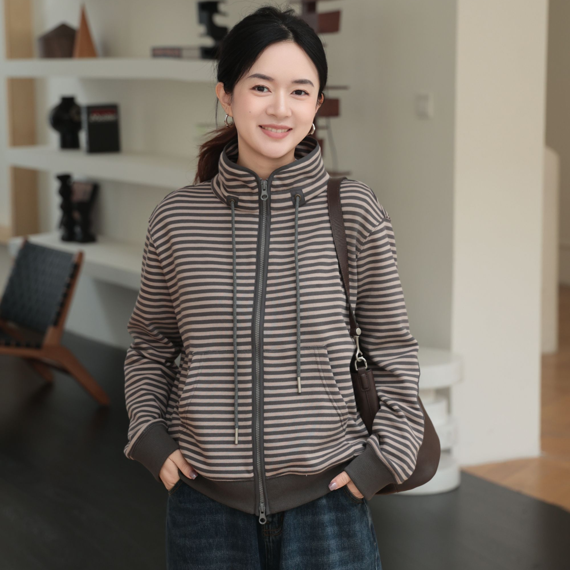 麻享【追梦·条纹拉链卫衣】汉麻棉琥珀流光风拼接立领女FSY51167