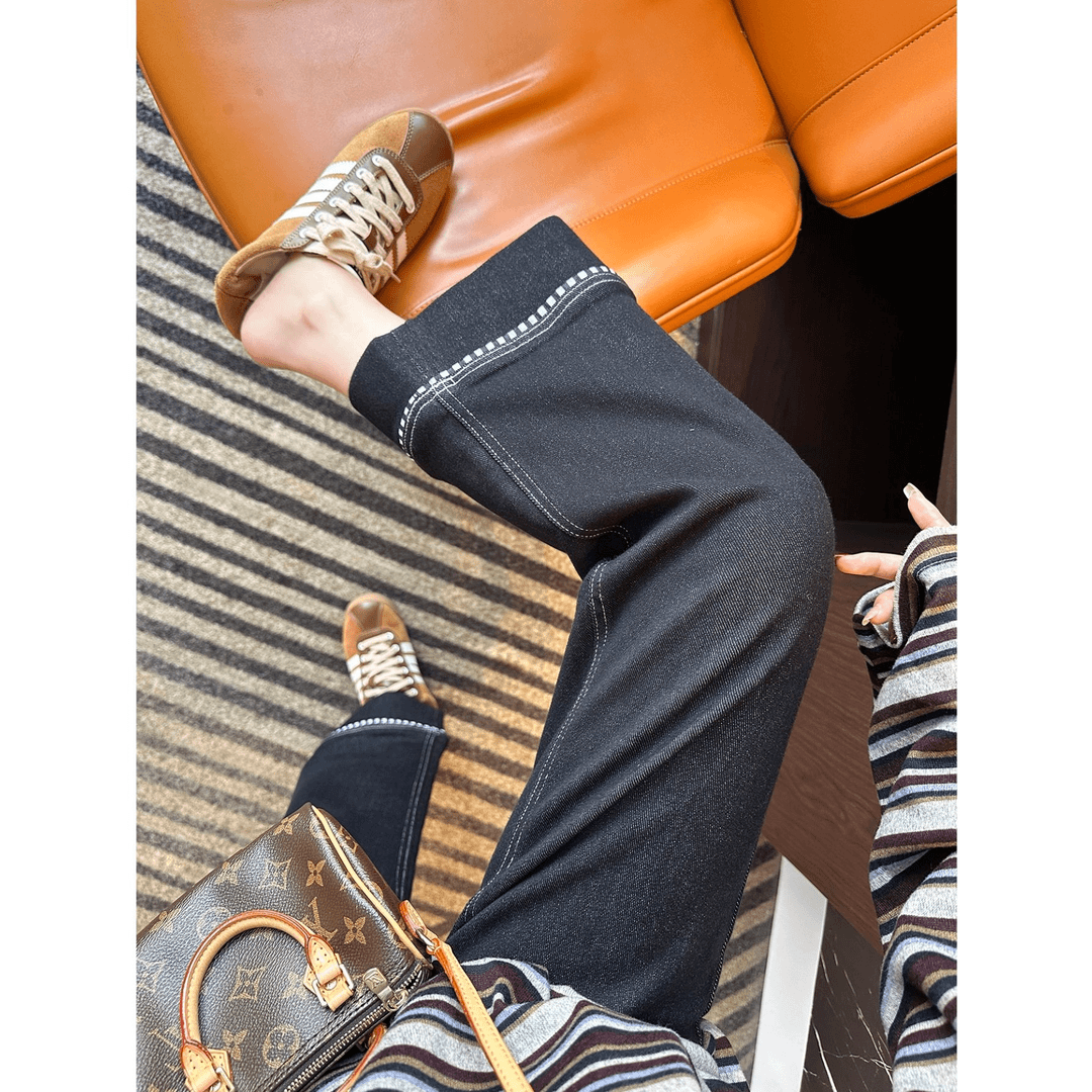 大码复古黑金色高腰显瘦直筒牛仔裤女秋季梨形身材弹力九分烟管裤