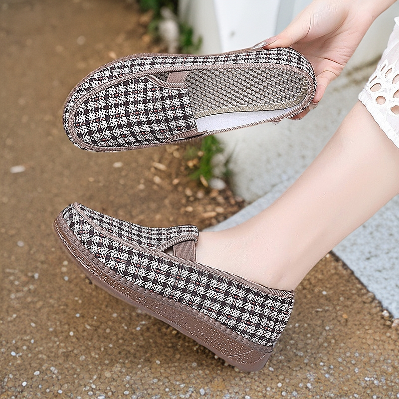 休闲女士格子单鞋渔夫鞋女鞋防滑春夏奶奶鞋平底百搭老北京布鞋