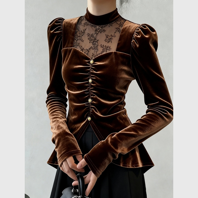 咖色丝绒衬衫时尚洋气高端小资小上衣轻奢高级感法式气质职业秋冬