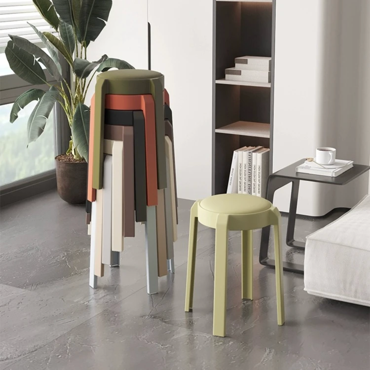 塑料加厚凳子家用客厅可叠放轻奢高级感餐桌椅简约圆凳软包风车凳