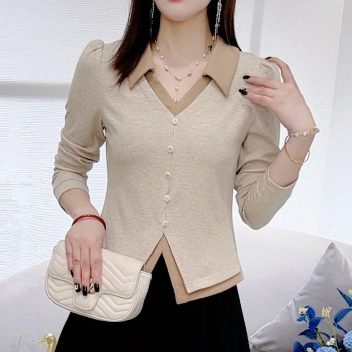 假两件长袖秋季v领撞色减龄新款小香风针织显瘦T恤女修身百搭上衣
