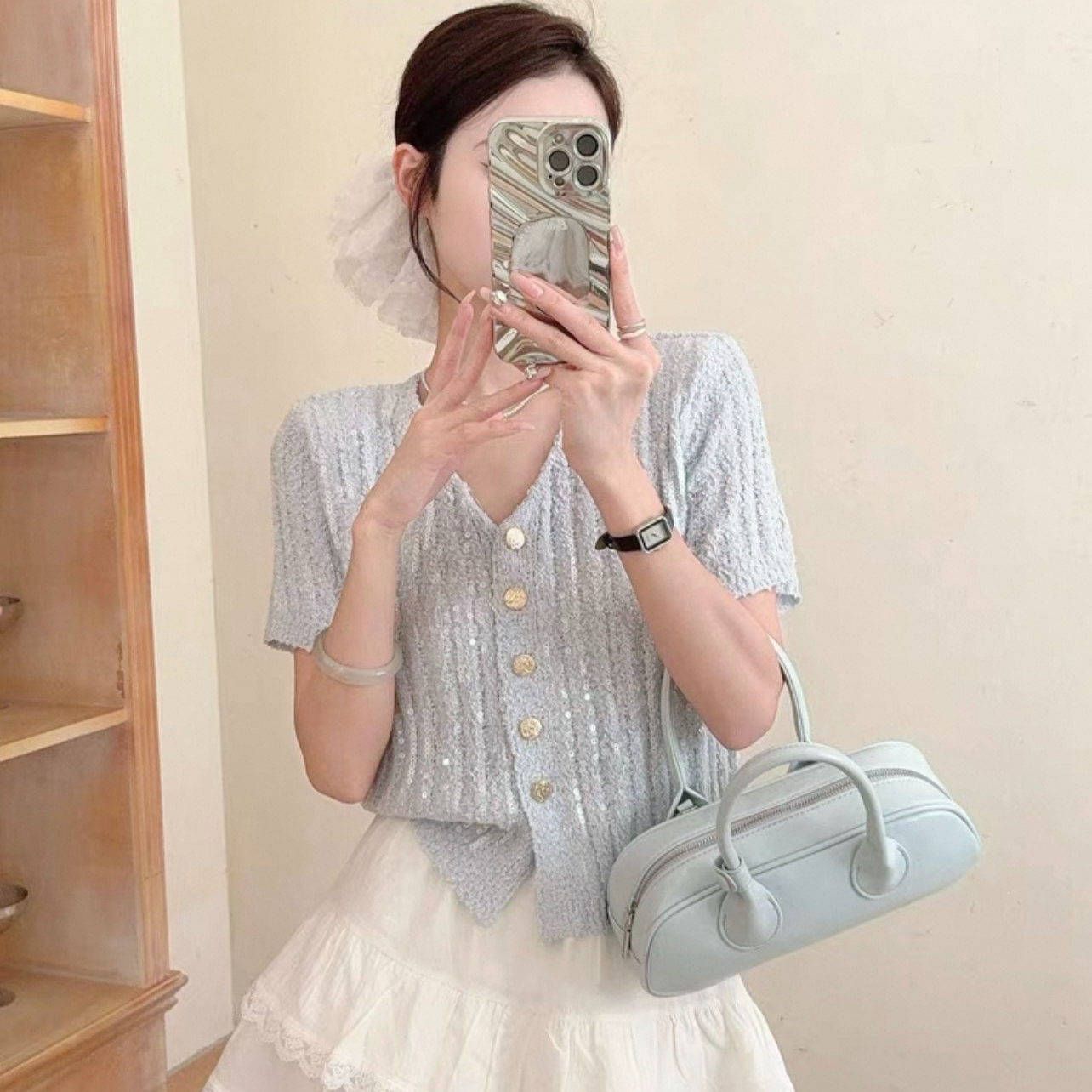 小香风轻奢亮片针织开衫女V领薄毛衣外套短袖早春chic上衣