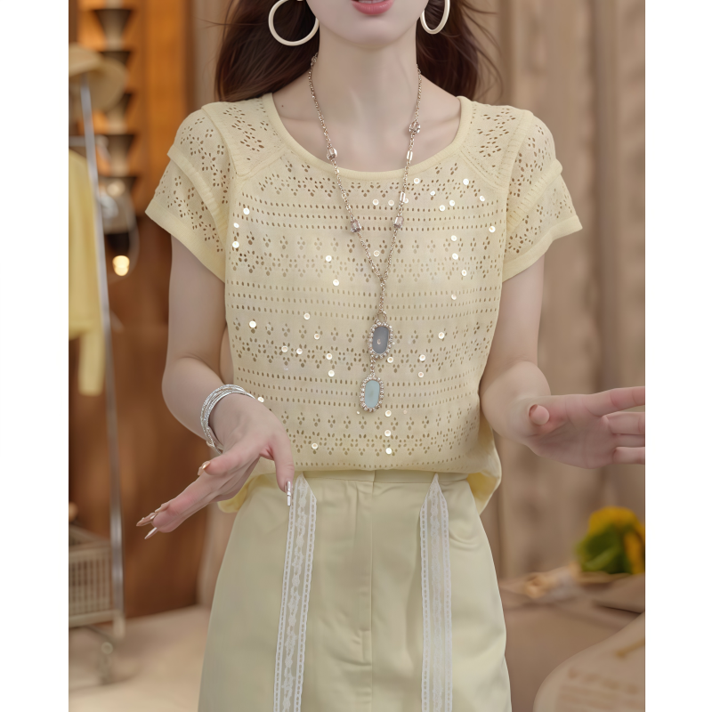 2025夏季新款重工亮片短袖针织衫女小众设计感后背镂空显瘦上衣