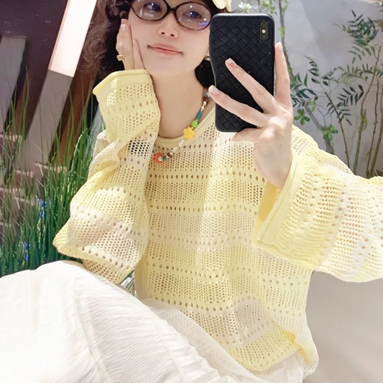 法式复古镂空长袖黄色针织衫女2025夏季新款设计感慵懒风宽松上衣