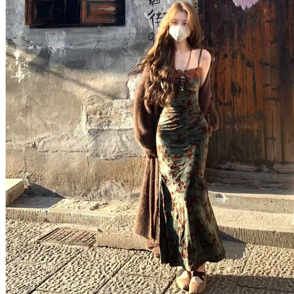 【运补6-8米】新款法式蕾丝长裙吊带收腰碎花连衣裙女（带胸垫）