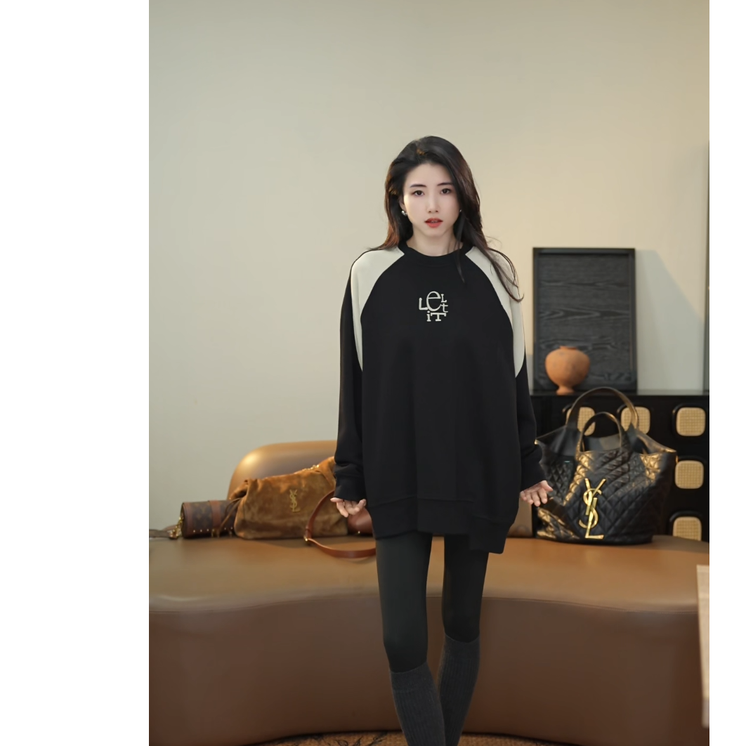 小乖逃X设计师黑色卫衣字母LT保暖长袖LE圆领撞色秋冬休闲88256