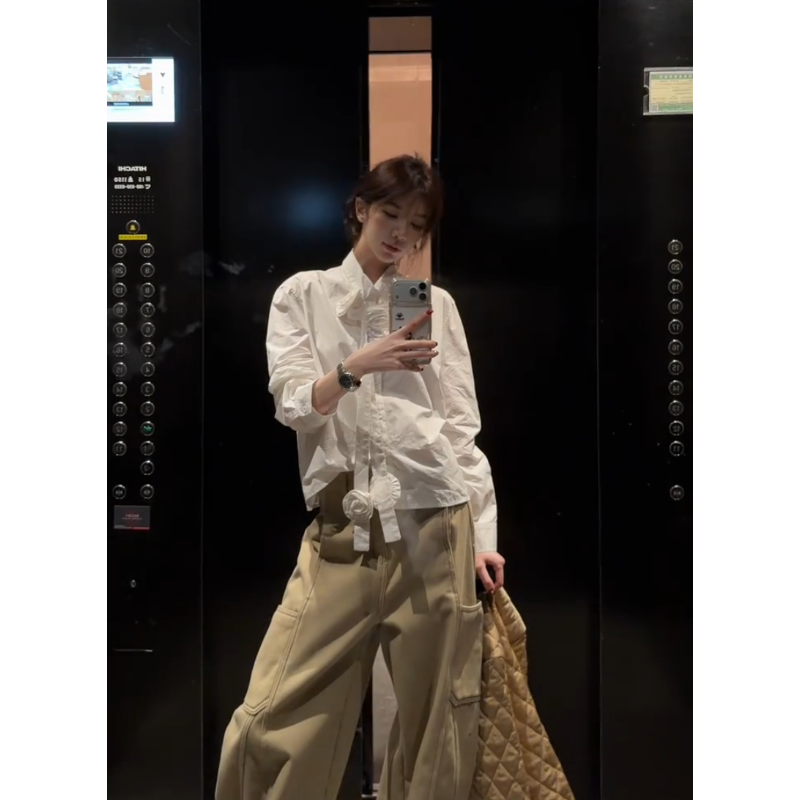 parkyeon秋冬韩系设计感衬衫女卡其色百搭休闲裤职场通勤风套装