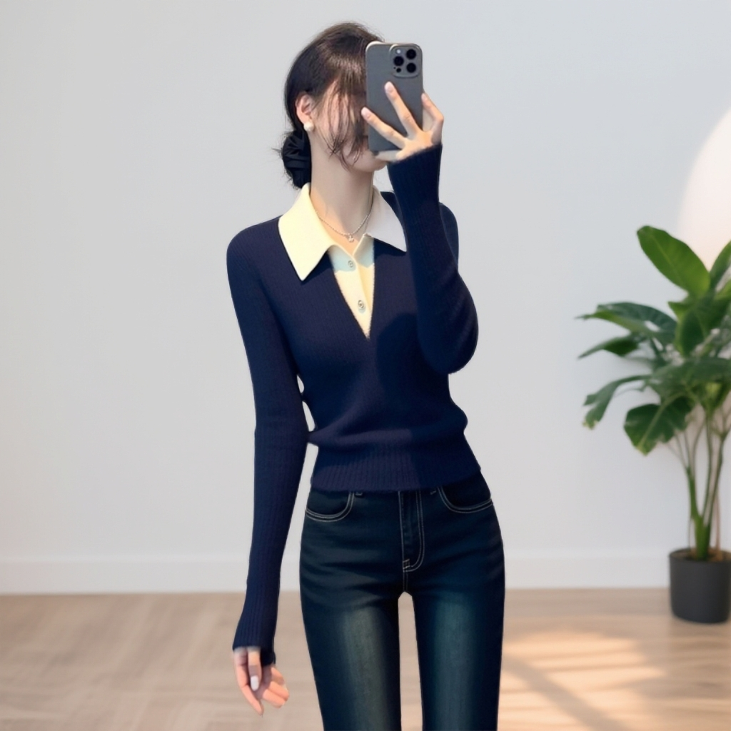 长袖POLO领半扣拼色藏蓝色上衣女2025冬简约修身气质舒适通勤小衫