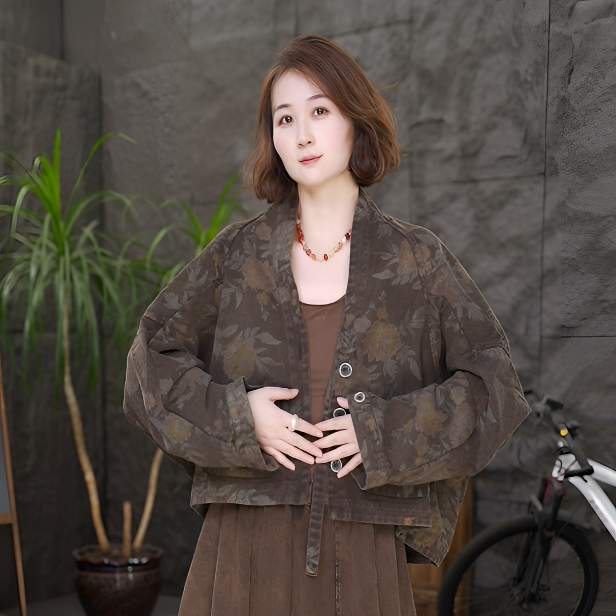 qq花卉蝙蝠袖直下摆短款印花短外套国风提花休闲女装