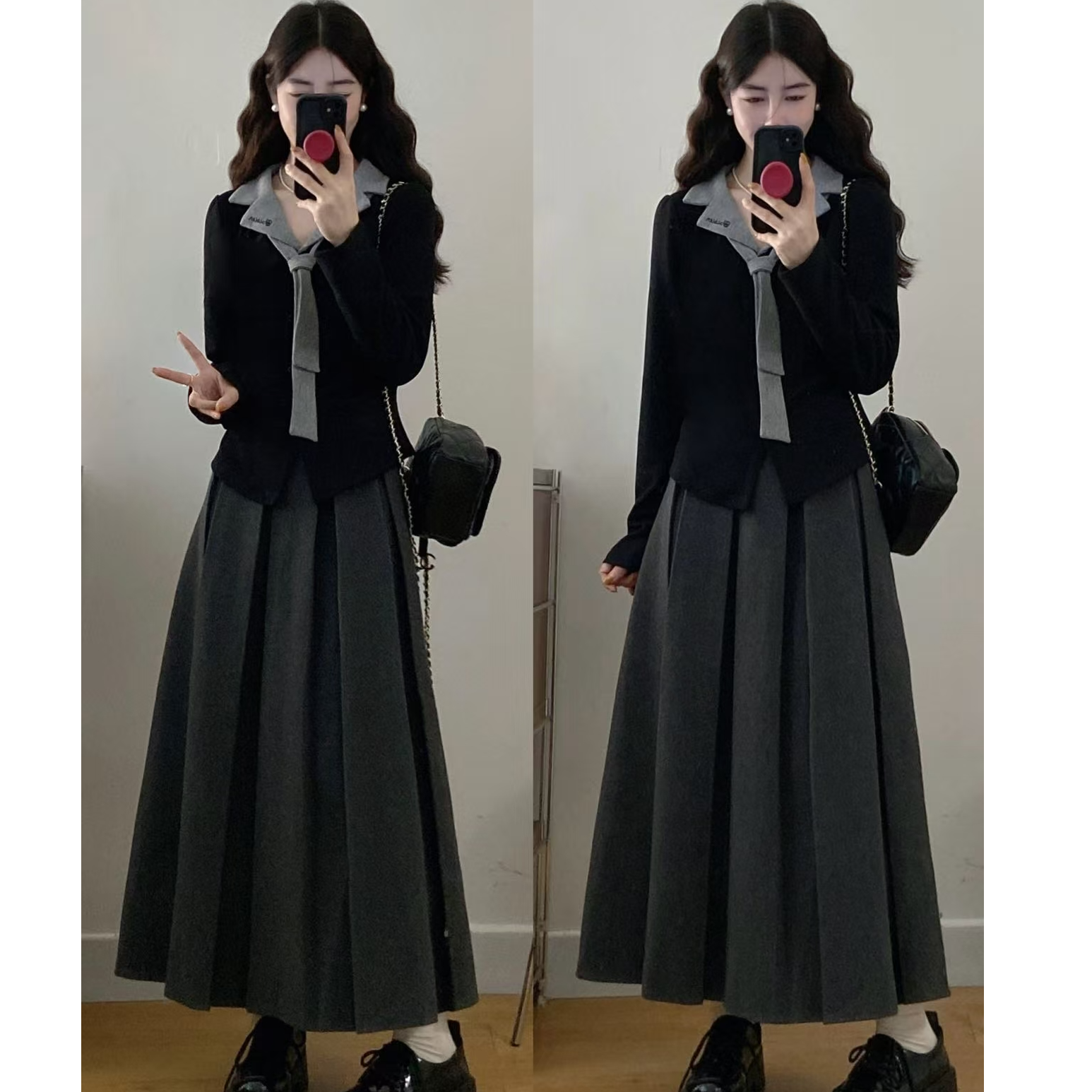 小妍大码秋冬学院风套装女翻领刺绣上衣+百褶毛呢半身长裙两件套