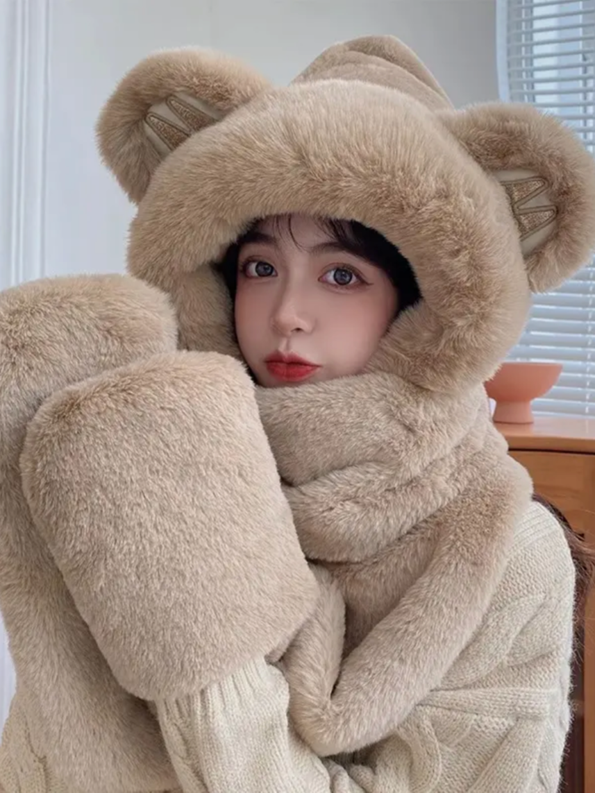 M耳朵秋冬新款帽子围巾手套三件套毛绒加厚高颜值防寒三合一帽子