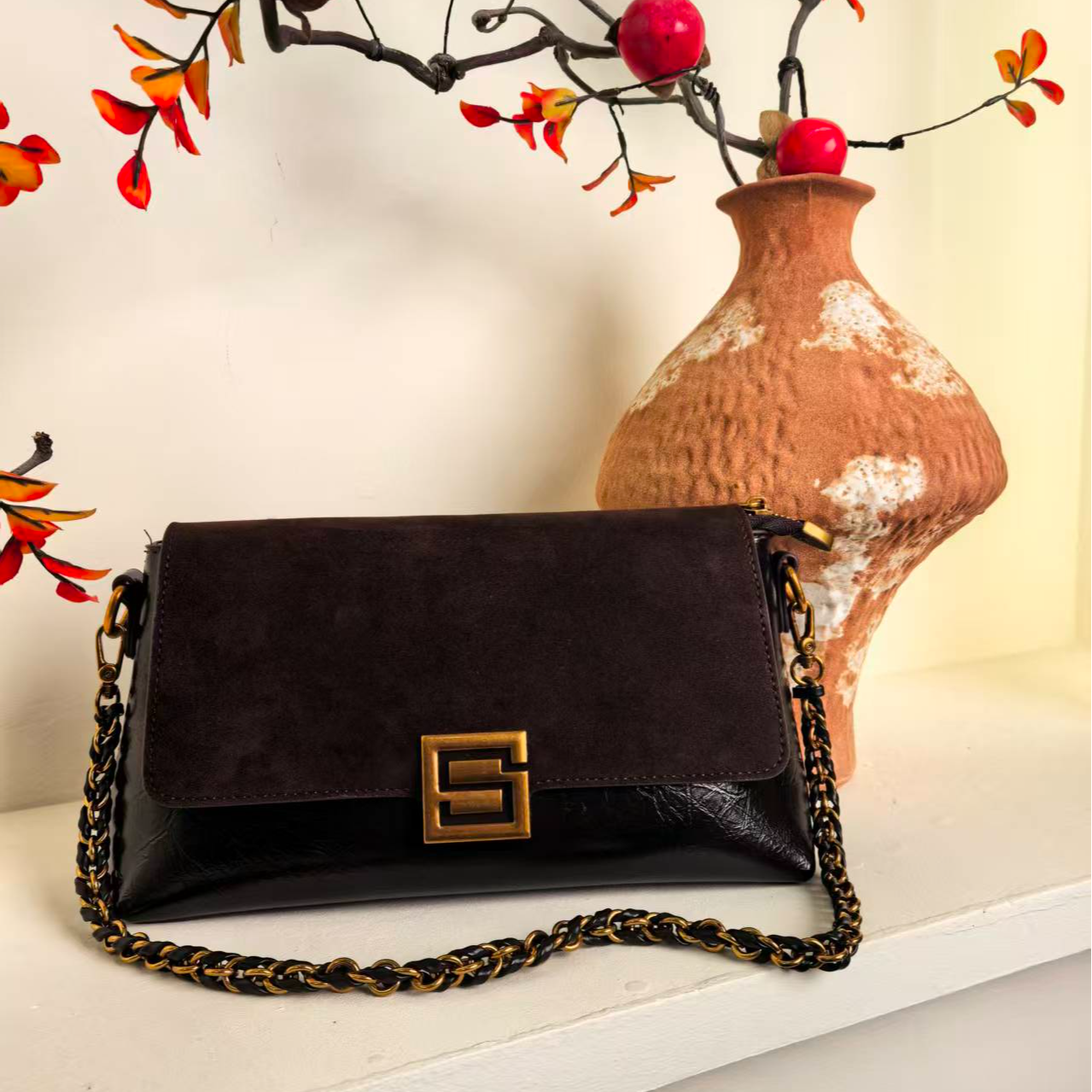 2025秋冬新款时尚磨砂皮拼接小方包小众设计百搭腋下单肩包斜挎包