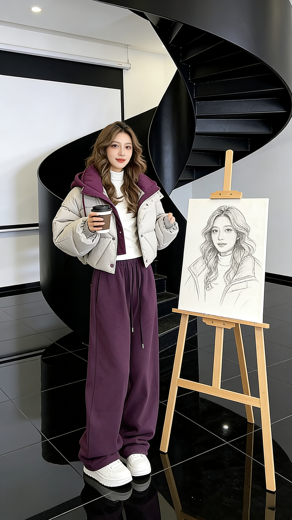 2025新款巨好看短款套装设计感紫色冬装棉服外套女款冬季棉袄裤子