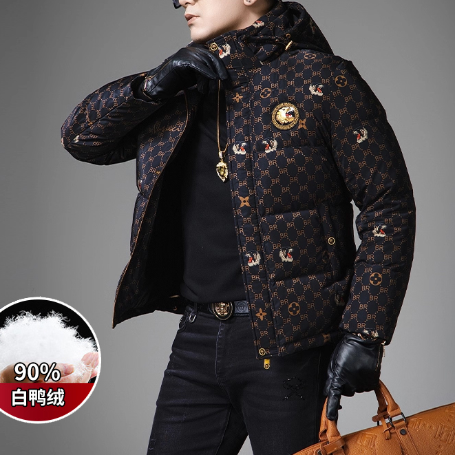 斯里卡琪高充绒量男羽绒服冬季潮流印花保暖防寒服连帽外套冬装