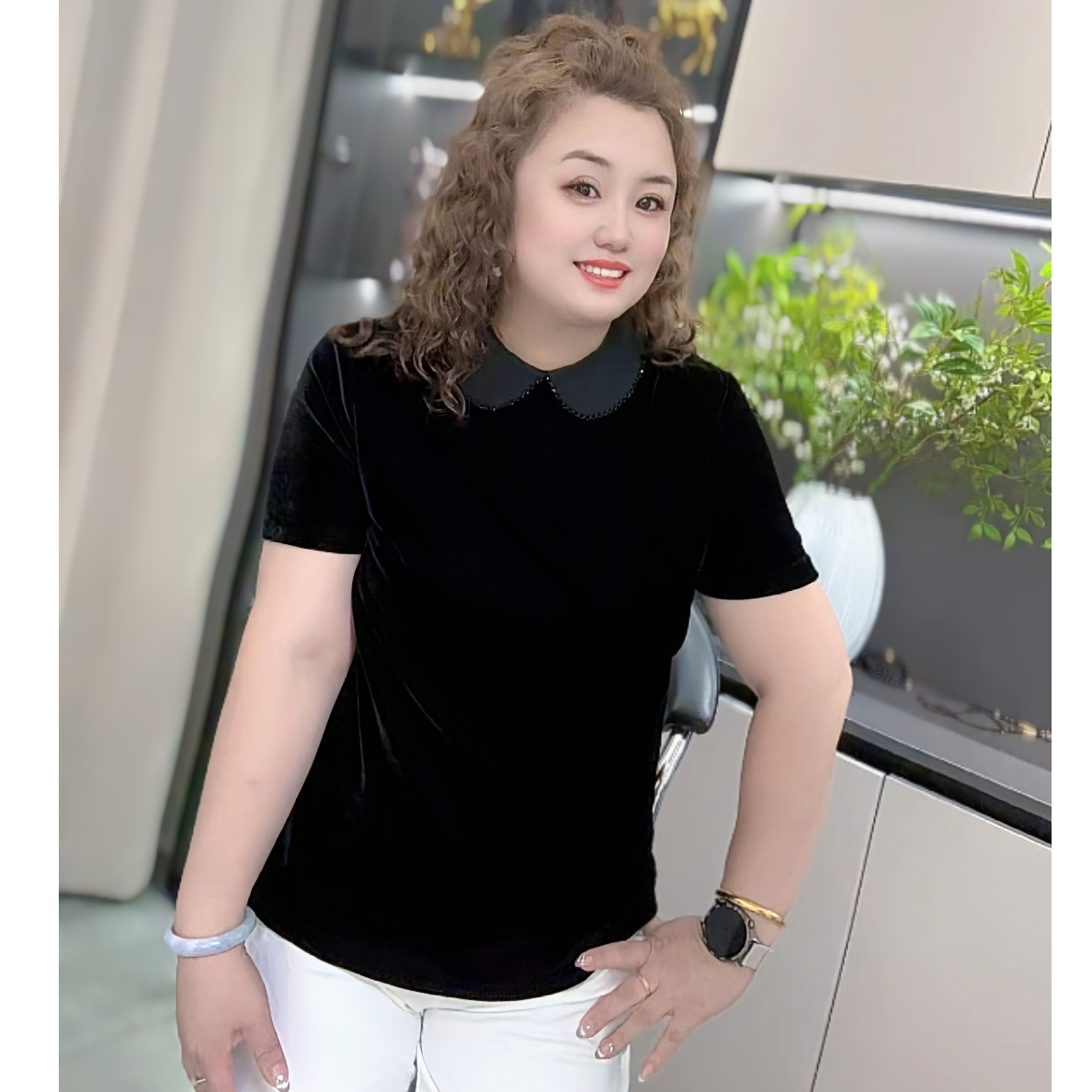 3702（丹姐家）秋季气质新中式中国风重工钉珠短袖拼接高档丝绒衫