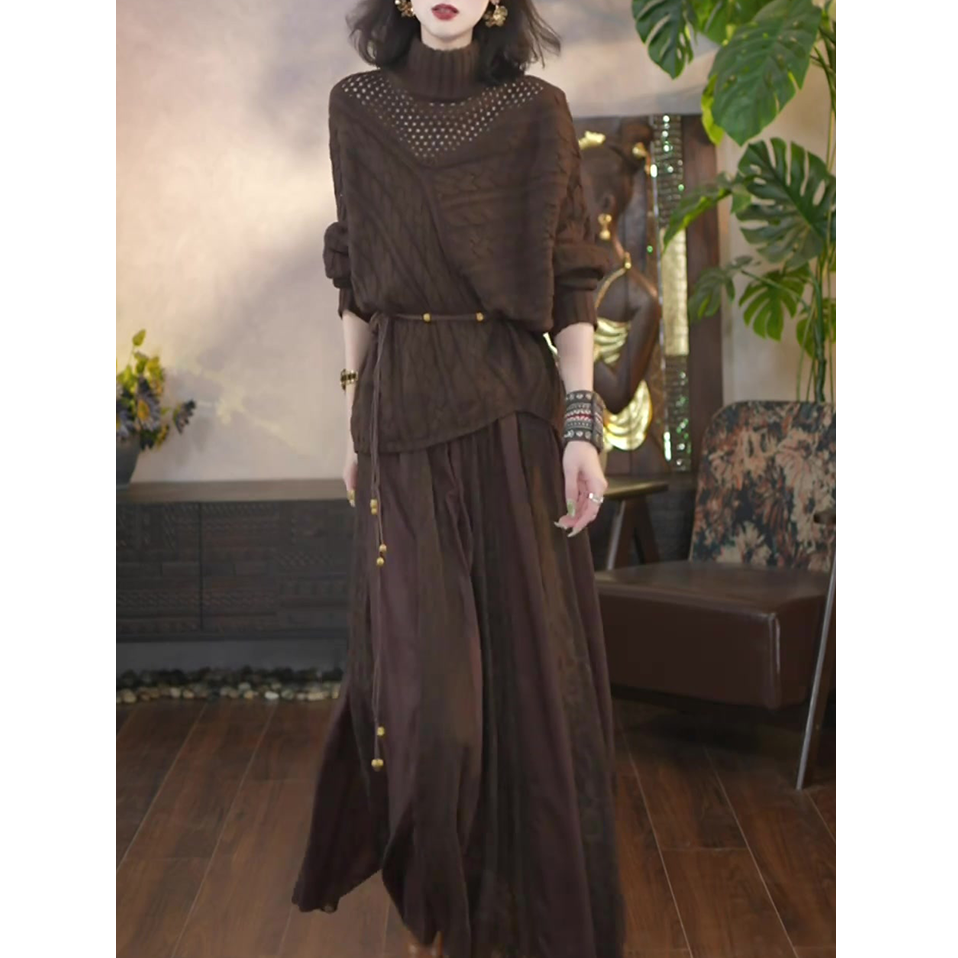 高级感时尚轻奢套装裙女2025春秋新款气质镂空长袖针织衫+半身裙