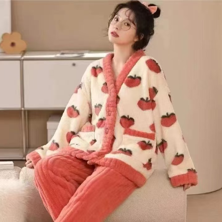 秋冬甜美水蜜桃居家加厚两件套家居服