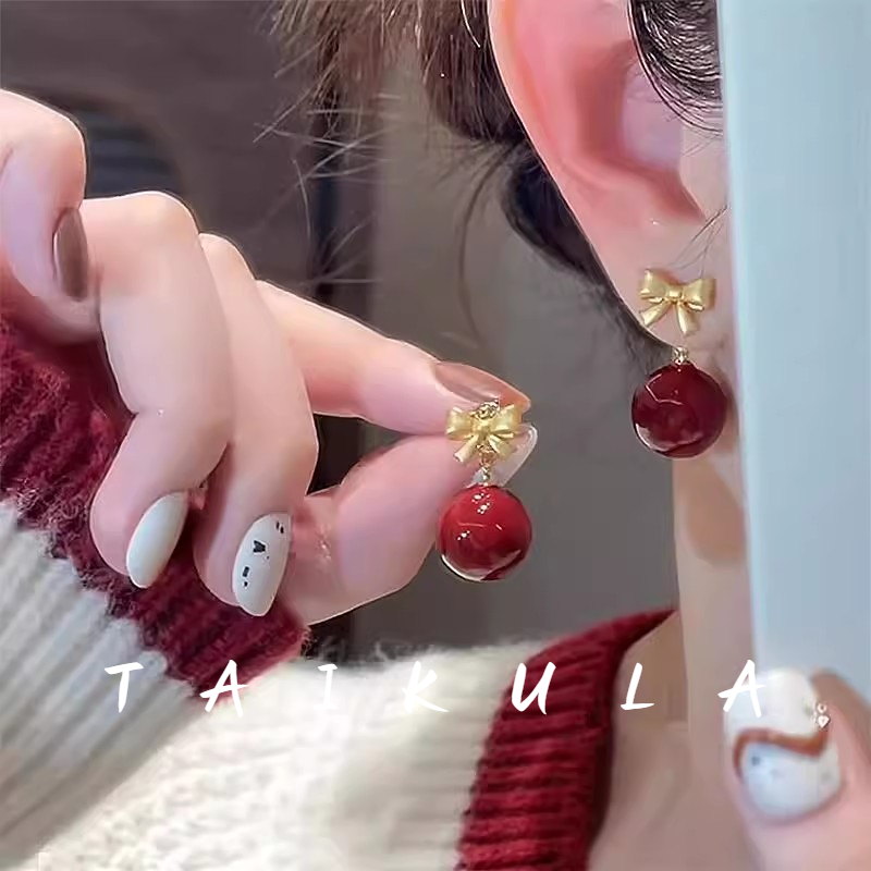 合金耳饰金色蝴蝶结珠珠耳坠耳钉简约秋冬百搭耳饰轻奢小众高级感