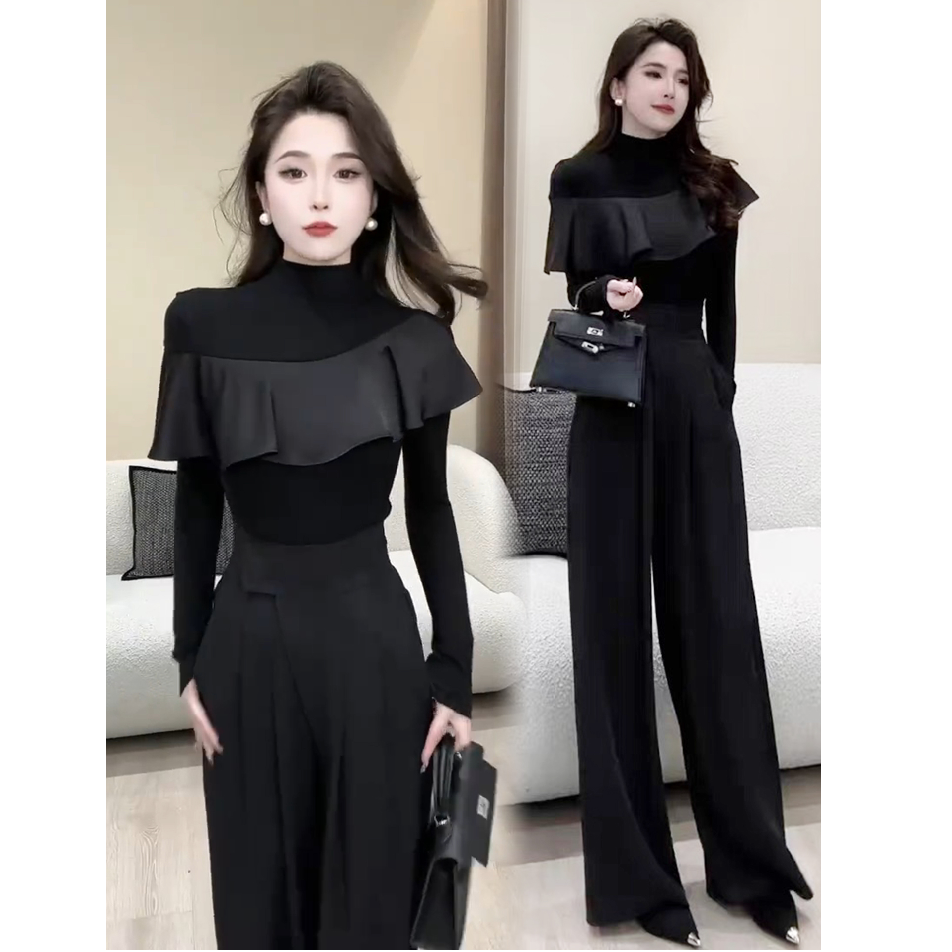 设计感荷叶边半高领长袖t恤女早秋2025新款修身显瘦别致黑色上衣