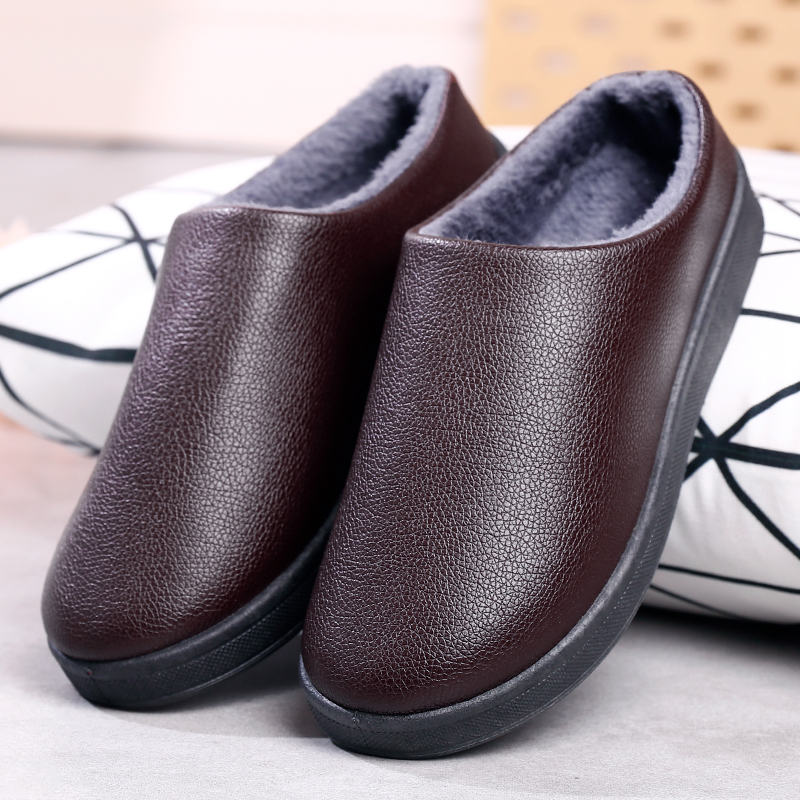 冬季外穿保暖防水男女居家鞋厚底下雨天半皮拖鞋运动加厚棉皮拖鞋