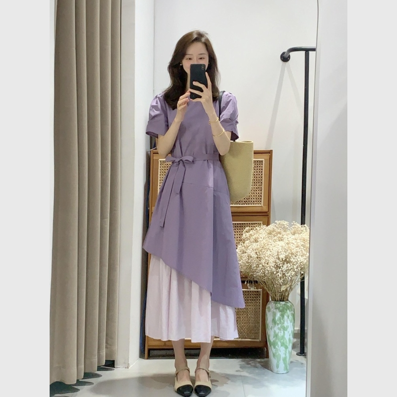 夏日绝美小裙子独特漂亮气质高级感收腰显瘦大码紫色假两件连衣裙