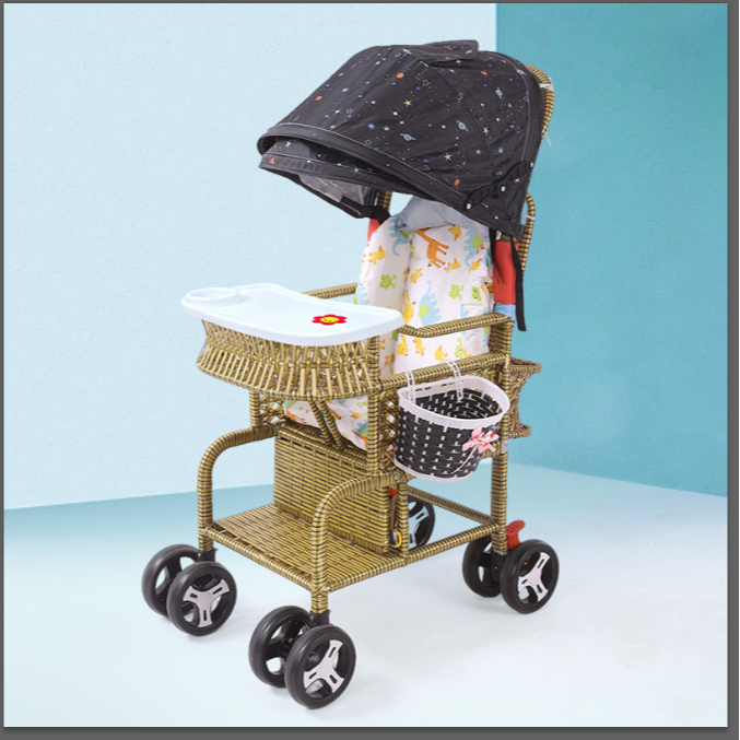 夏季藤编婴儿推车可坐可躺轻便折叠加高围栏宝宝出行好物